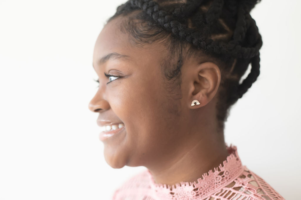 Rainbow flatback earring, model close up-Rainbow Earrings